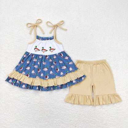 Baby Boy Girl Embroidery Ducks Sibling Romper Set