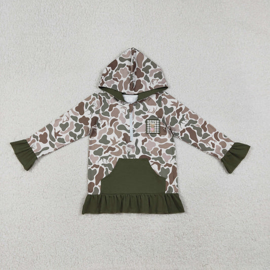 Baby Girl Long Sleeves Embroidery Deer Dog Duck Hoodie Zipper Green Camo Shirt RTS