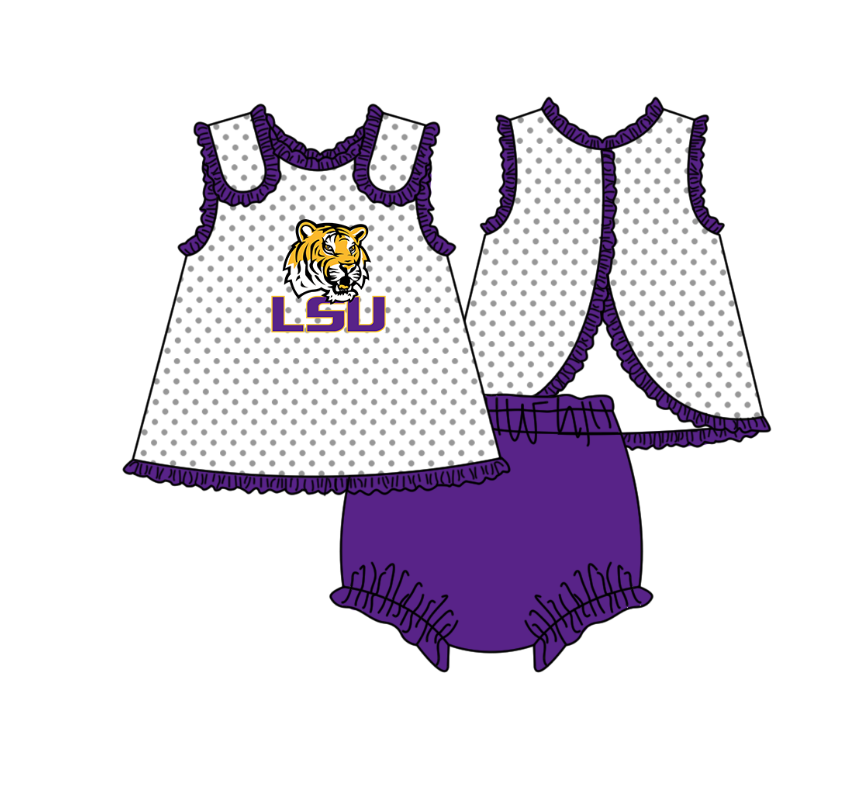 ( Moq 5 ) Baby Girls Toddler Tiger Dots Tops Purple Bummie Shorts Team Set