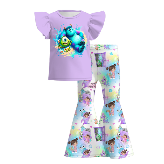 Baby Girl Short Sleeves Purple Monster Shirt Bell Pants Set