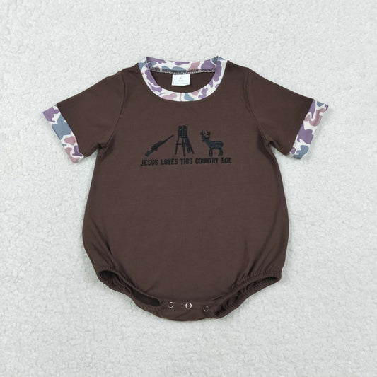 Boys Infant Embroidery Jesus Love Me Deer Camo Hunting Bubble Romper RTS