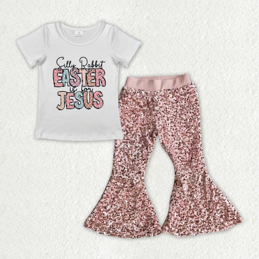 Baby Girl Short Sleeves Easter Jesus Shirt Sequins Bell Pants Clothes Set