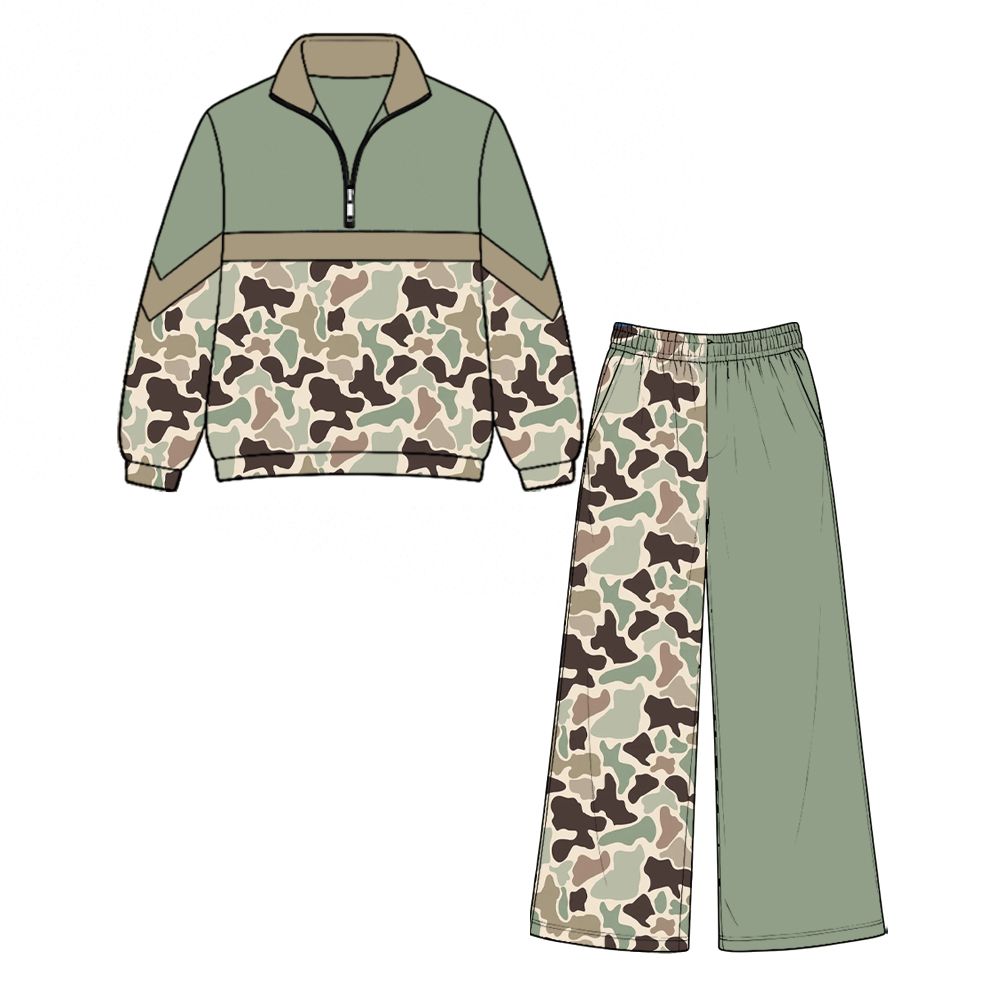 ( Moq 5 ) Preorder Baby Girls Kids Long Sleeves Zipper Camo Shirt Pockets Pants Green Set Clothes
