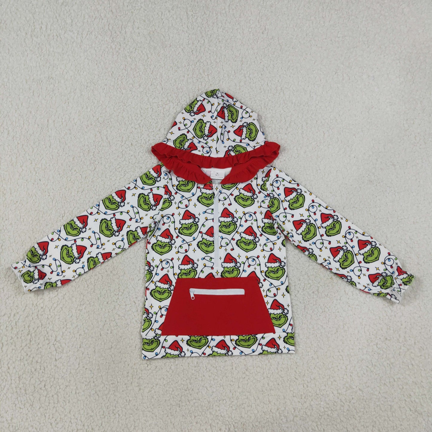 Baby Girl Long Sleeves Green Face Lights Zipper Pocket Hoodie Christmas Shirt RTS