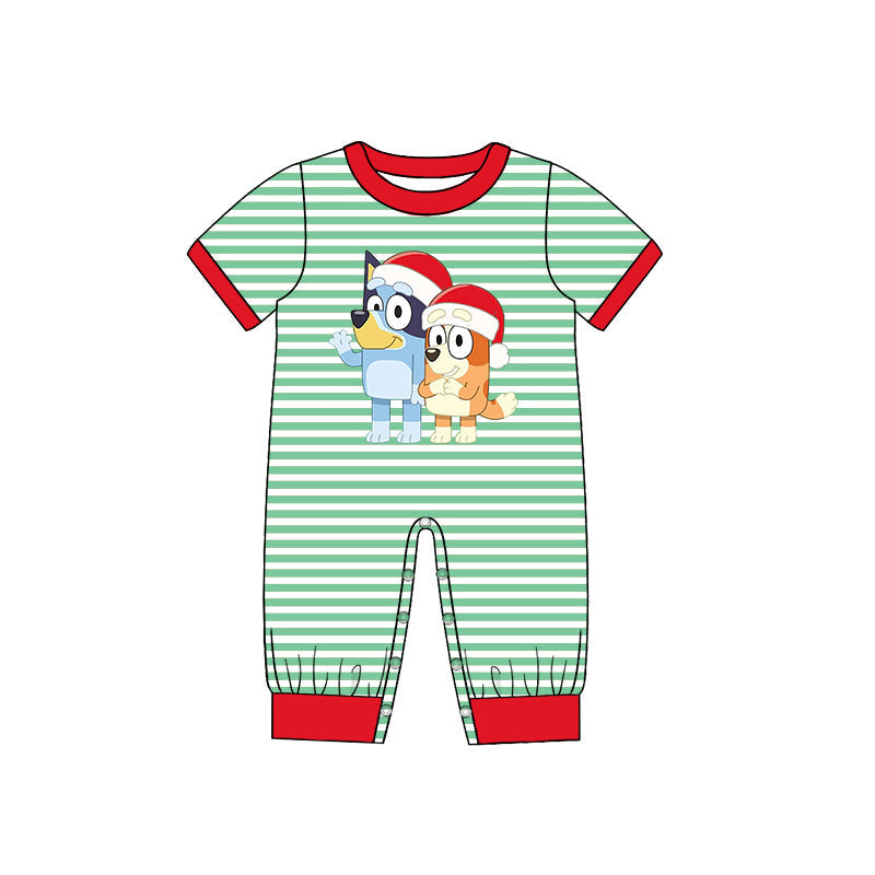 Baby Boy Short Sleeves Christmas Dogs Green Stripes Romper