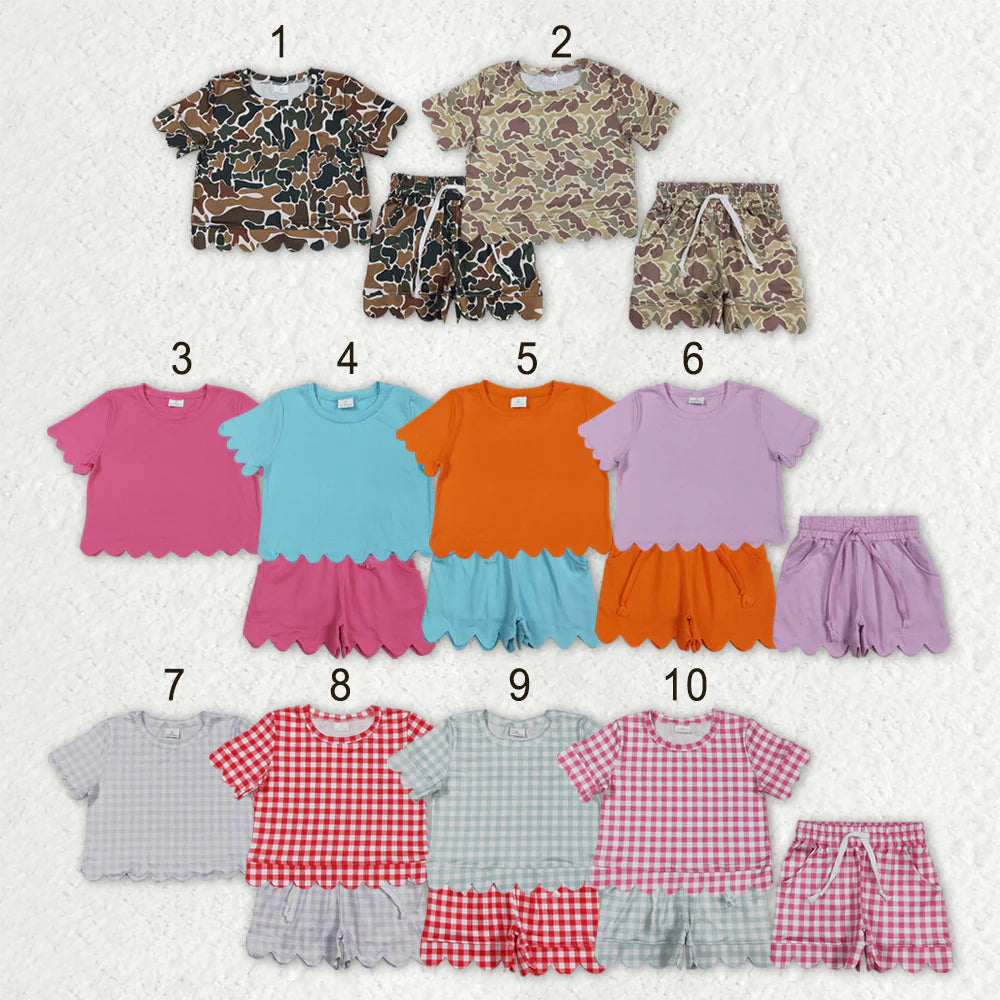 Sibling Baby Girls Kids Short Sleeves Shirts Scallop Shorts Sets Summer Clothes RTS
