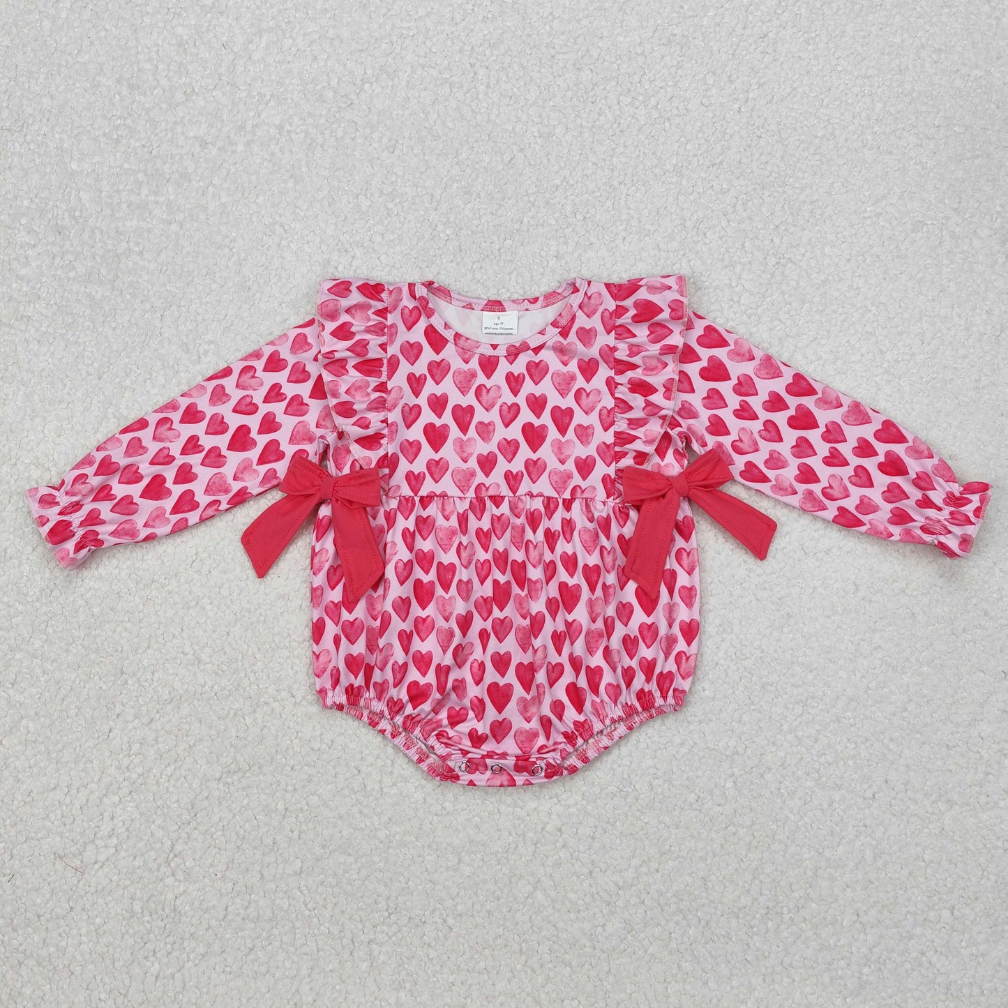 Baby Girl Infant Long Sleeves Hearts Bows Valentines Bubble Romper