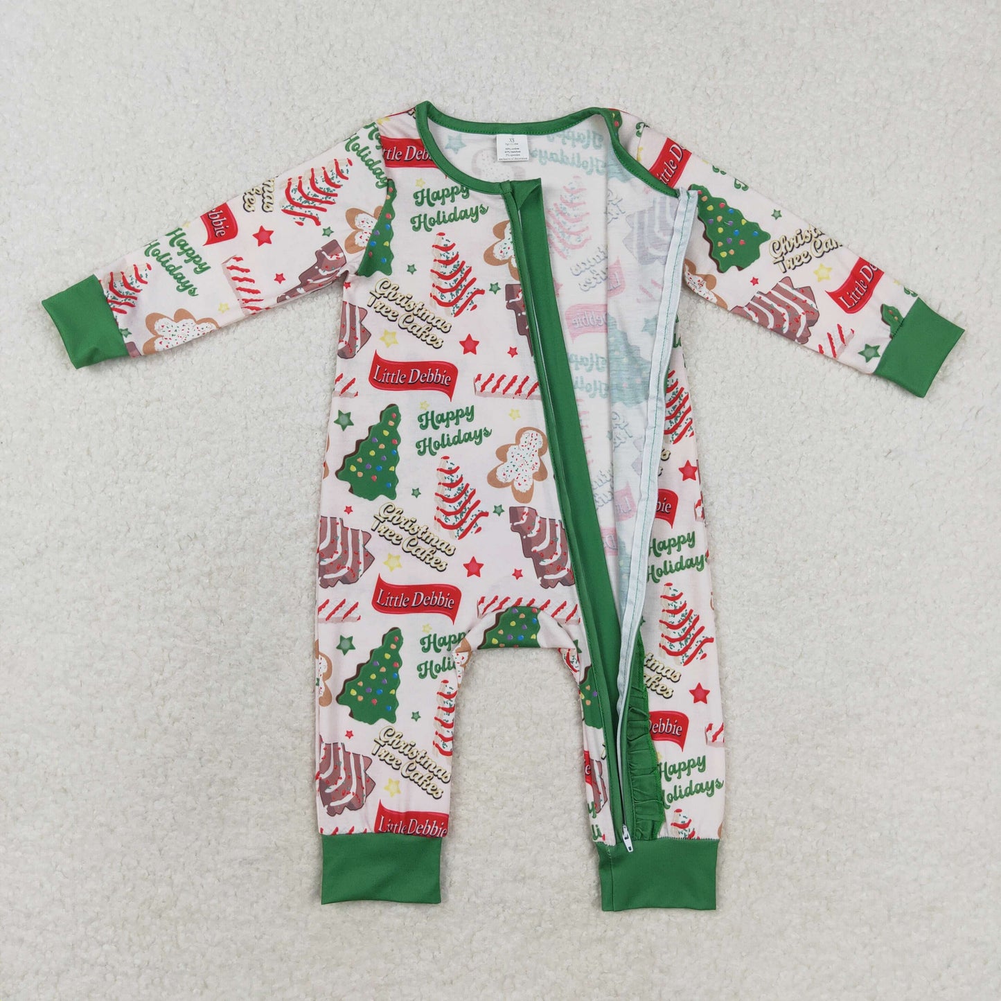 Baby Girl Long Sleeves Christmas Cake Tree Zipper Bamboo Romper