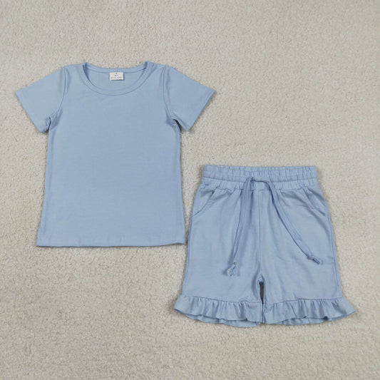 Baby Girls Short Sleeves Blue Tops Ruffle Shorts Summer Clothes Set RTS