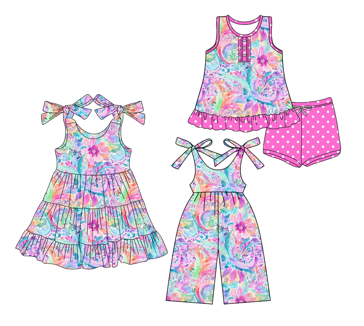 ( Moq 5 Each Style ) Sibling Baby Girls Kids Colorful Flower Dress Jumpsuit Set Clothes
