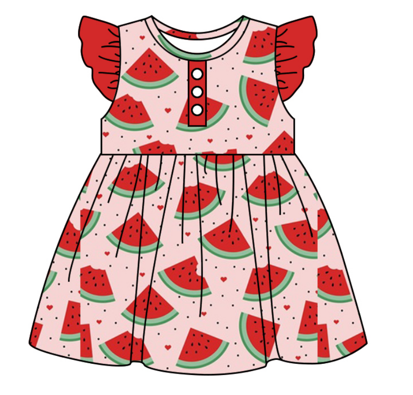Baby Girl Short Sleeves Watermelon Hearts Sibling Romper Dress Clothes Set ( Moq 5 Each Design )