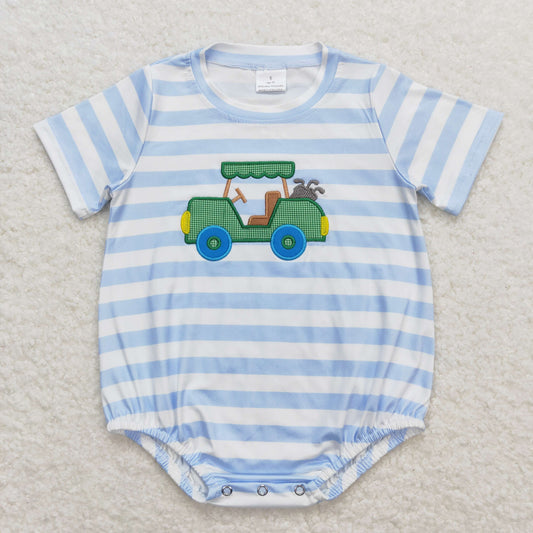 Baby Boy Short Sleeves Embroidery Golf Blue Stripes One Piece Romper