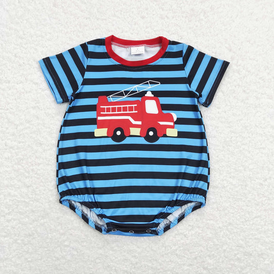 SR0836 Baby Boy Short Sleeves Fire Truck Stripes One Piece Romper