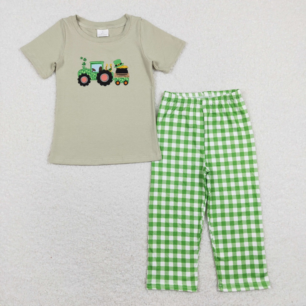 BSPO0276 St. Patrick's Day Baby Girl Short Sleeves Embroidery Tractor Shirt Green Plaid Pants Set