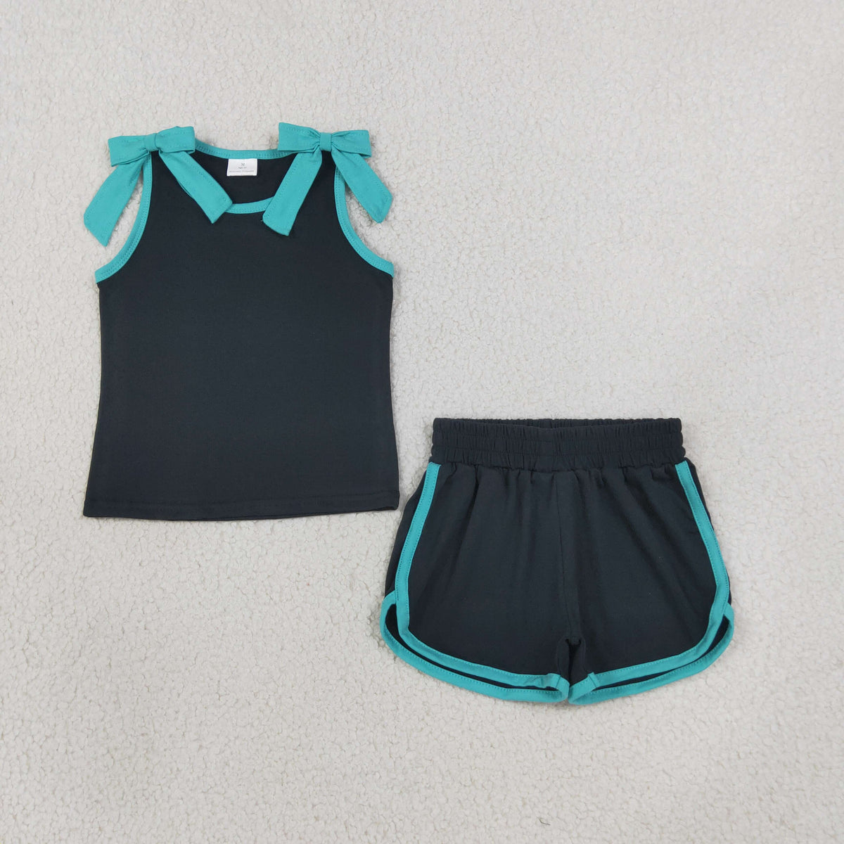 Baby Girls Kids Green Trim Sleeveless Bows Shirt Shorts Black Set Summer Clothes RTS