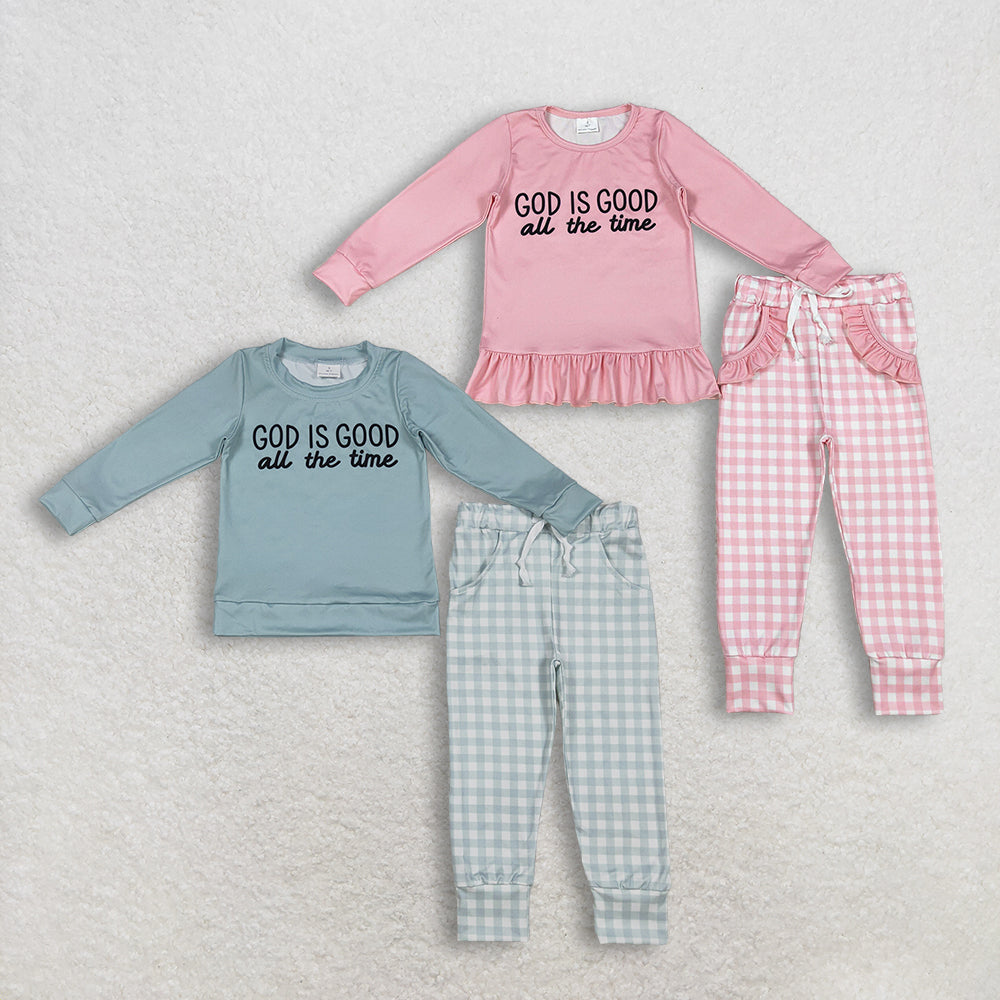 Sibling Baby Boys Girls Long Sleeves God Is Good Shirts Plaid Pockets Pants Clothes Sets RTS
