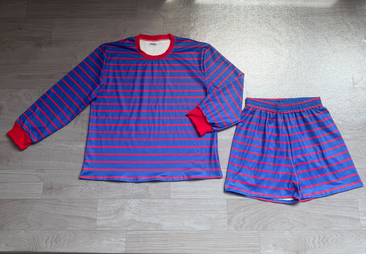 ( No moq ) Preorder Adult Women Long Sleeves Shirt Red Stripes Shorts Yoga Active Blue Set