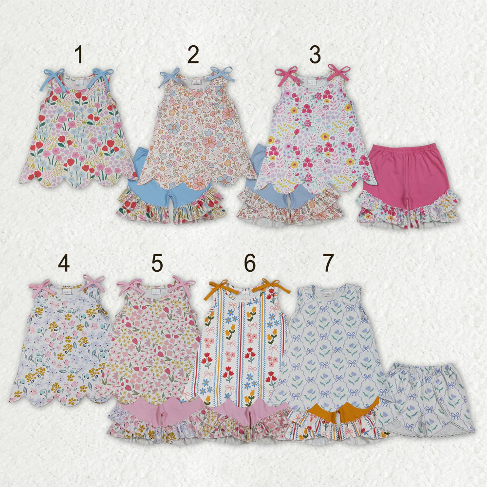 Sibling Baby Girls Kids Bows Sleeveless Flower Scallop Tops Ruffle Shorts Sets Clothes RTS