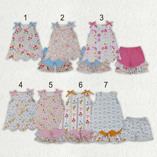 Sibling Baby Girls Kids Bows Sleeveless Flower Scallop Tops Ruffle Shorts Sets Clothes RTS