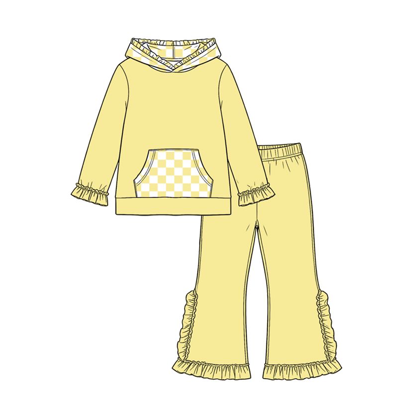( Moq 5 ) Preorder Baby Girls Kids Checked Pocket Hoodie Shirt Pants Yellow Set Cotton Clothes