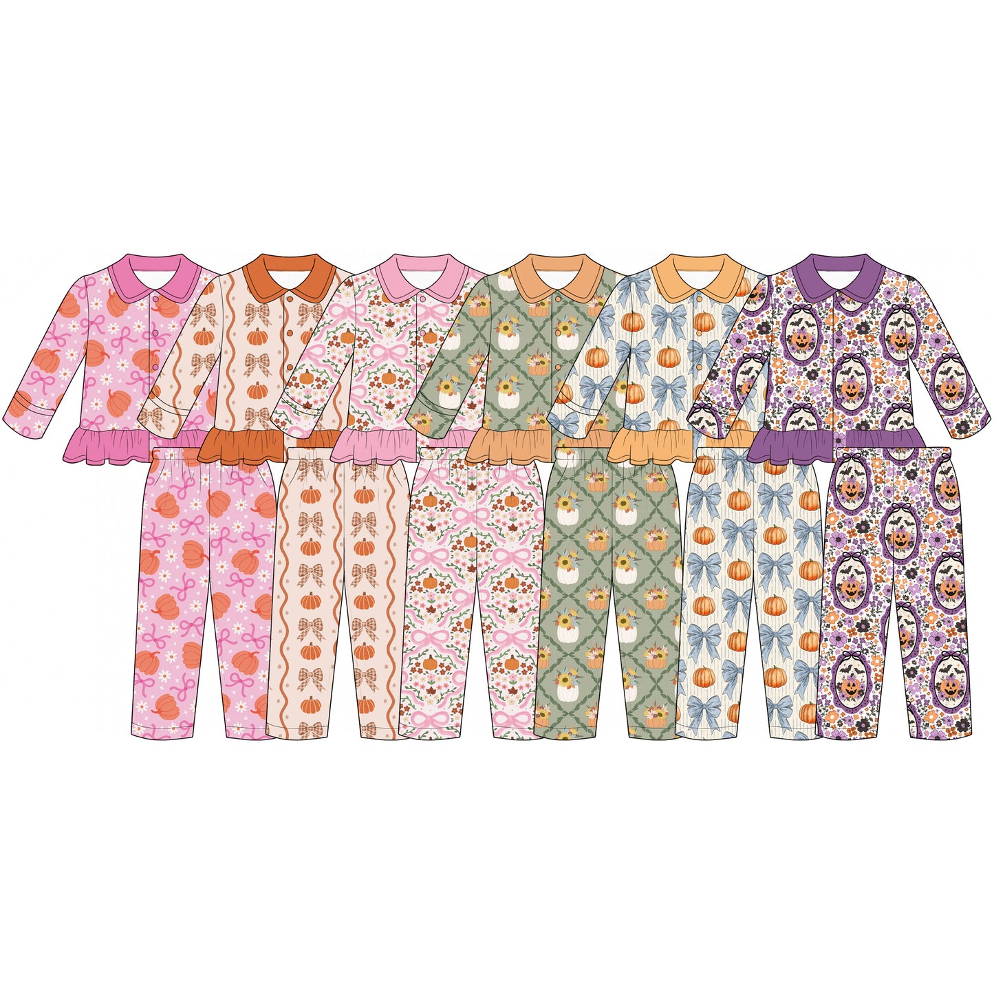 ( Moq 5 Each Style ) Sibling Baby Girls Kids Long Sleeves Pumpkins Bows Shirts Pants Sets Fall Pajamas Clothes