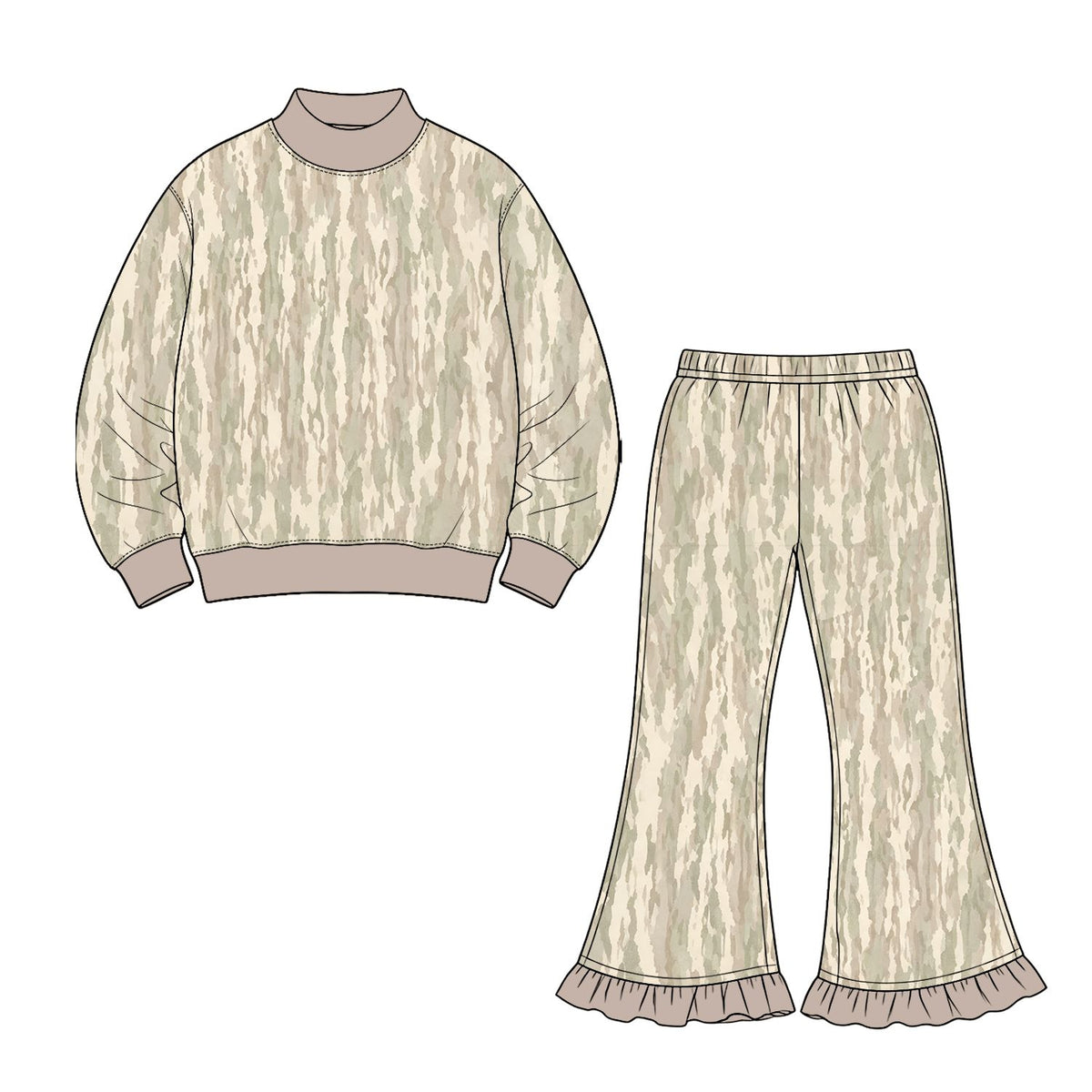 ( Moq 5 ) Preorder Baby Girls Kids Long Sleeves Pullover Bell Pants Camo Set Clothes