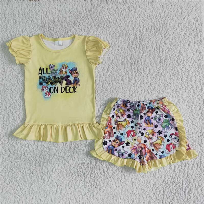 Promotion Baby Girl Short Sleeves Yellow Shirt Dogs Shorts Summer Set