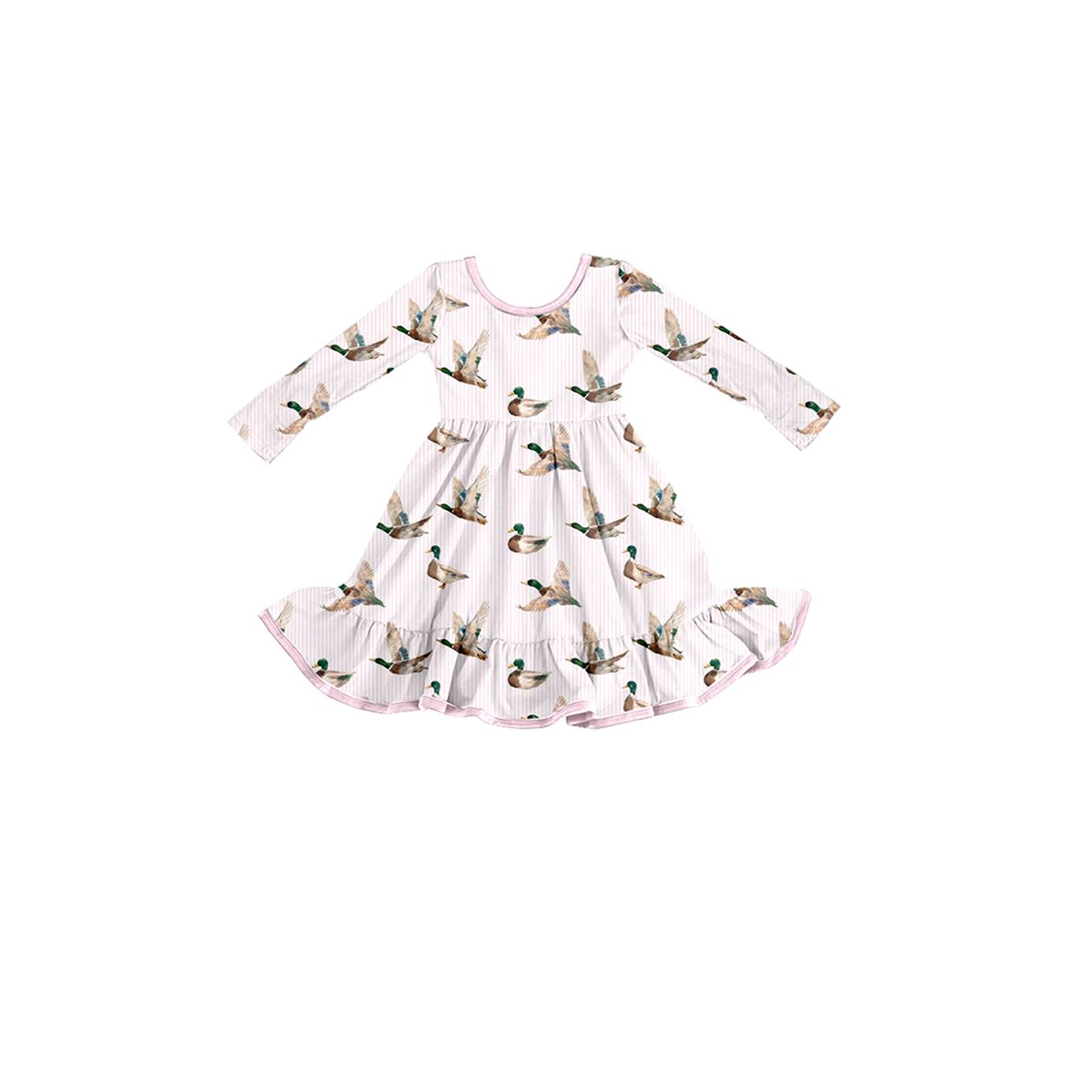 ( Moq 5 ) Preorder Baby Girls Kids Long Sleeves Ducks Knee Length Dress Clothes