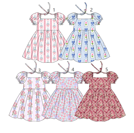 ( Moq 5 Each Style ) Sibling Baby Girls Kids Short Sleeves Bows Flower Summer Knee Length Dresses