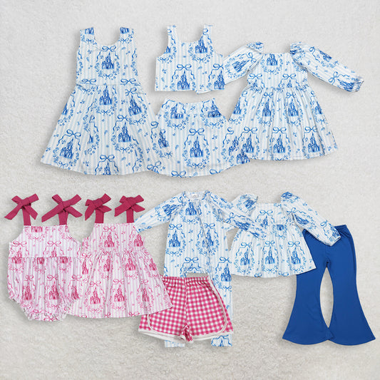 Sibling Baby Girls Kids Castles Bows Flower Rompers Dress Sets RTS