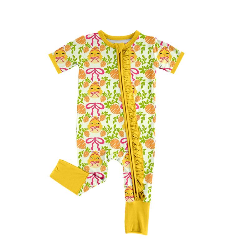 ( Moq 5 ) Preorder Baby Girls Kids Carrots Chicks Bows Zipper Footie Romper Easter Clothes