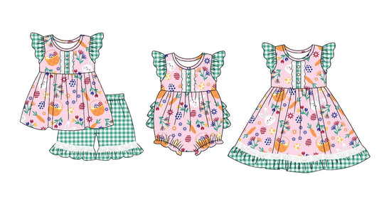 Baby Girl Short Sleeves Flower Rabbit Egg Easter Sibling Dress Romper Clothes Set Moq 5 Each Style