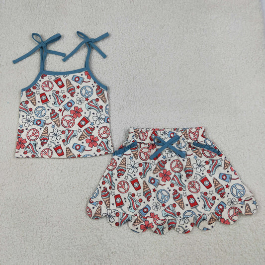 Baby Girl Kids Straps Flower Tops Pockets Skirt Shorts 4th of July Set RTS
