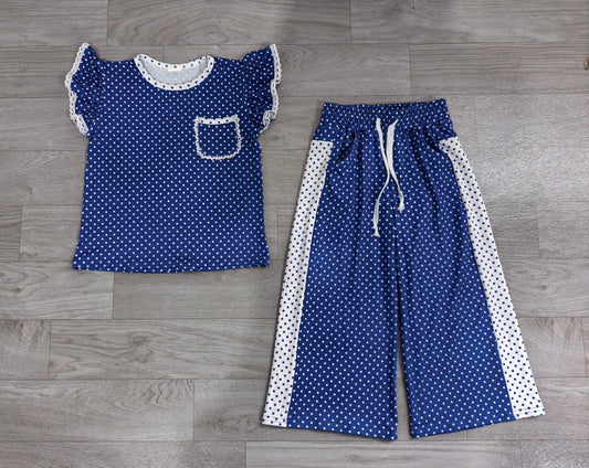 ( No moq ) Preorder Baby Girls Kids Short Sleeves Dot‌s Tops Pockets Pants Blue Set Team Clothes