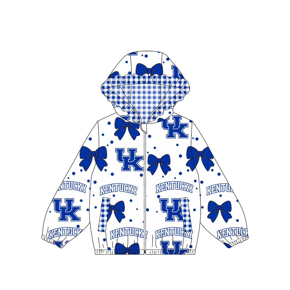 ( Moq 5 ) Preorder Baby Girl Kids Blue Bows Plaid Pockets Zipper Hoodie Jacket Coat Team Tops