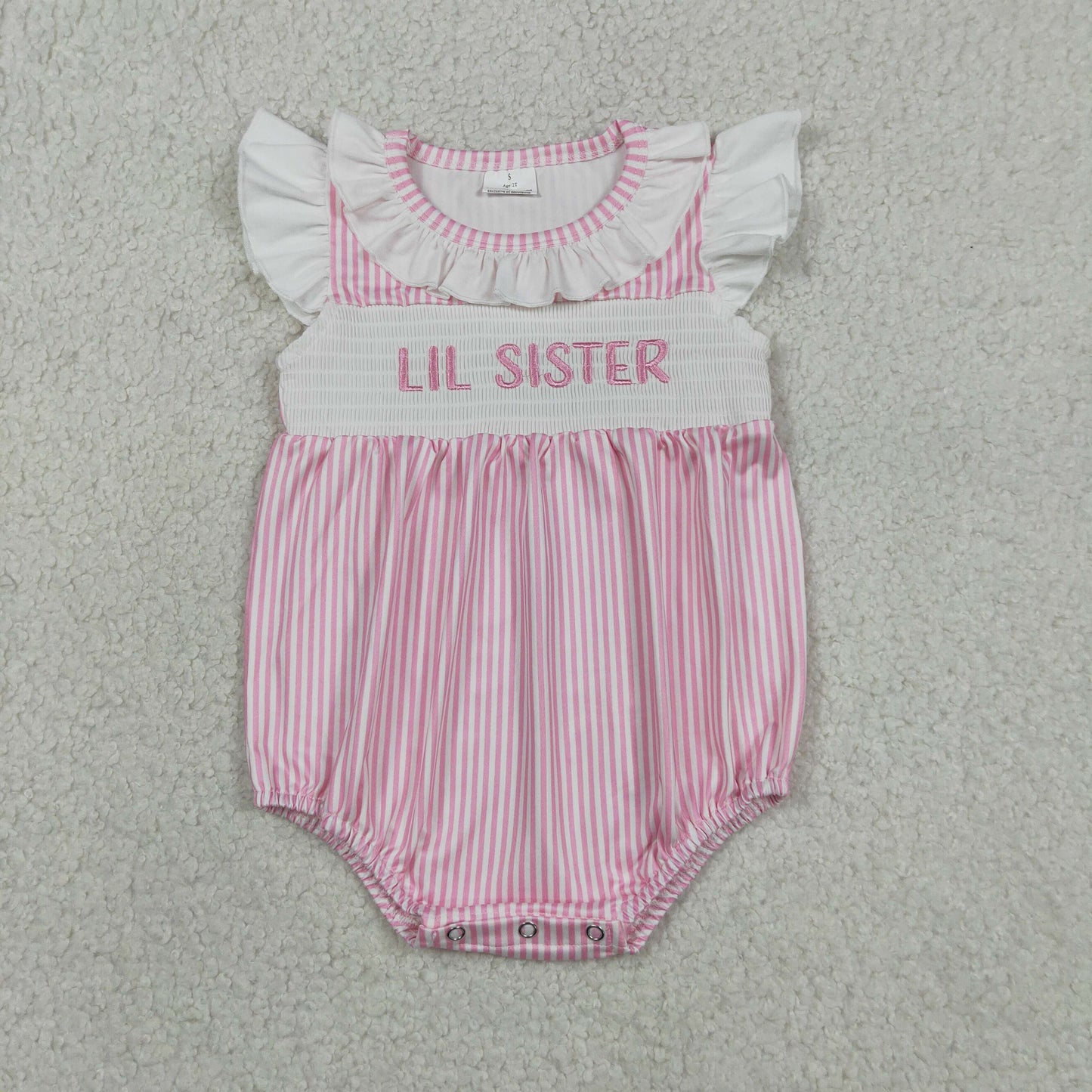 Sibling Baby Girls Kids Short Sleeves Embroidery Sister Pink Stripes Bubble Romper Dress Clothes RTS