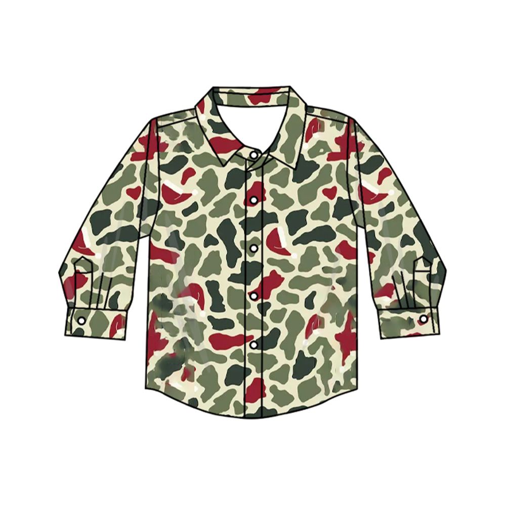 ( Moq 5 ) Preorder Baby Boys Kids Long Sleeves Green Red Camo Buttons Shirt Tops