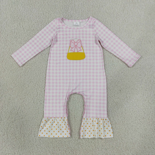 Baby Girls Infant Long Sleeves Embroidery Halloween Bows Candy Pink Plaid Romper RTS