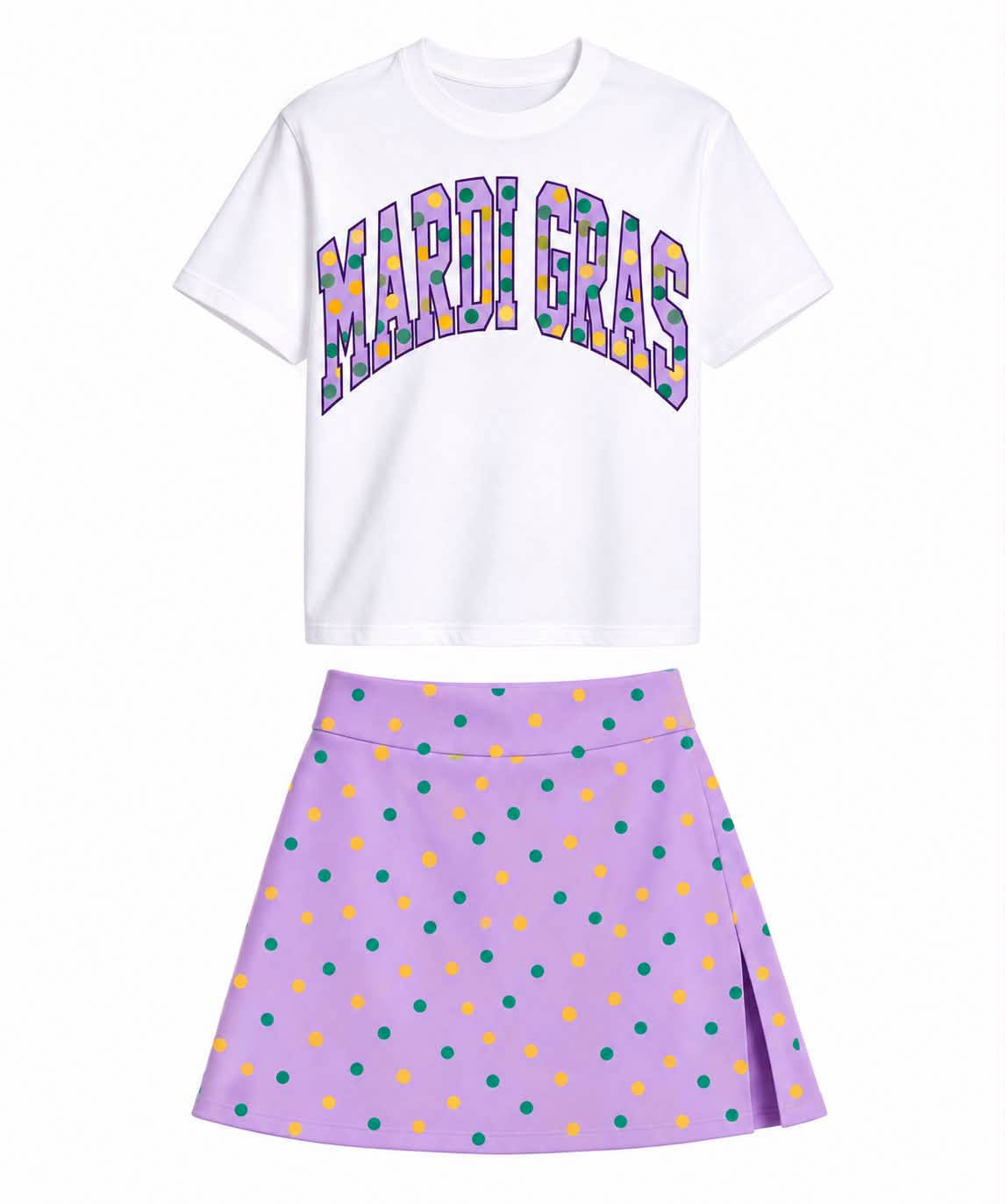 ( Moq 5 ) Preorder Baby Girls Kids Short Sleeves Shirt Dots Purple Skirt Shorts Set Mardi Gras Clothes