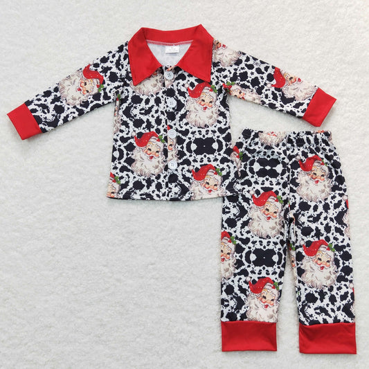 BLP0185 Christmas Santa Baby Boy Long Sleeves Button Up Cardigan Pants Western Print Outfit Pajamas