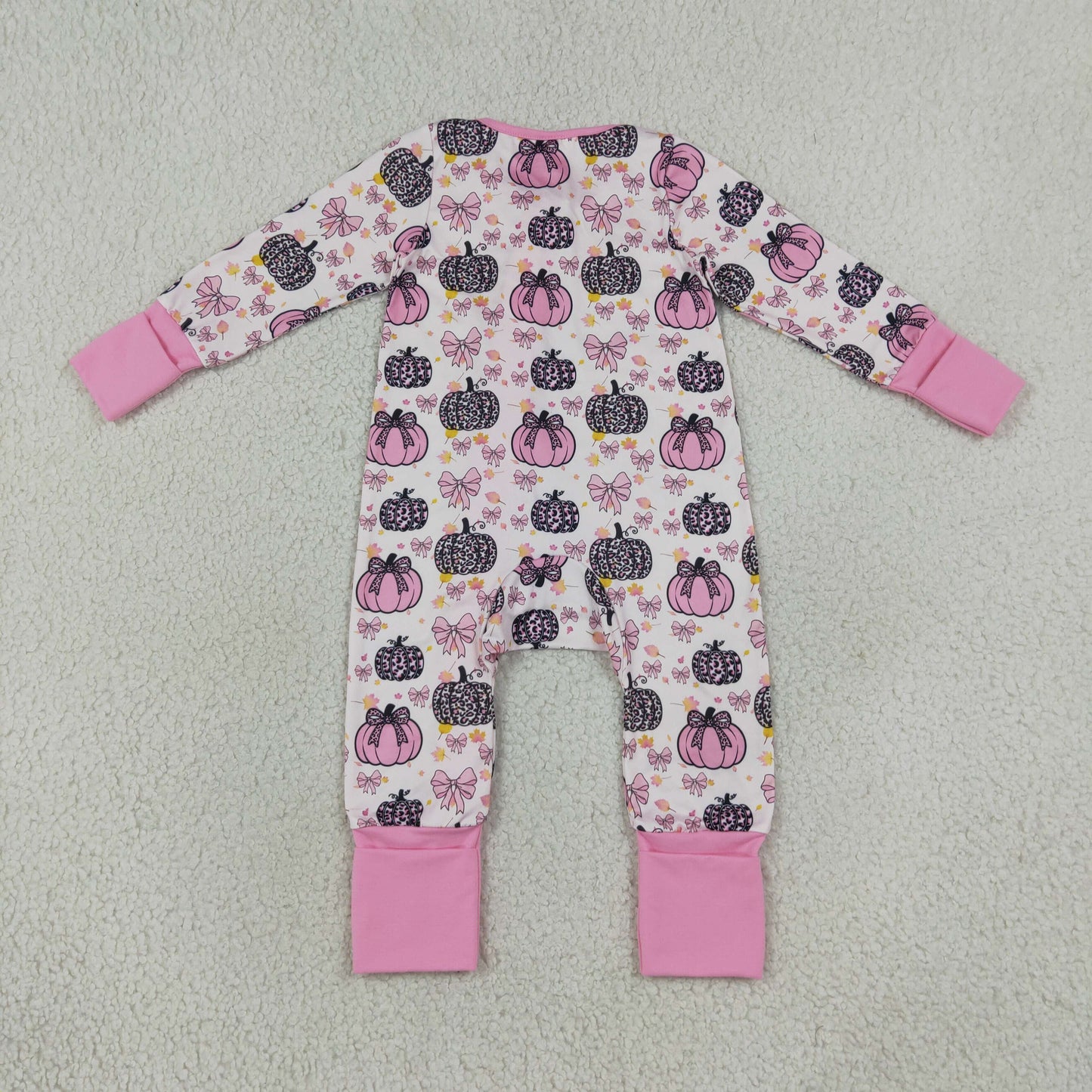 Baby Girls Infant Long Sleeves Pumpkins Bows Pink Ruffle Zipper Romper Fall Clothes RTS
