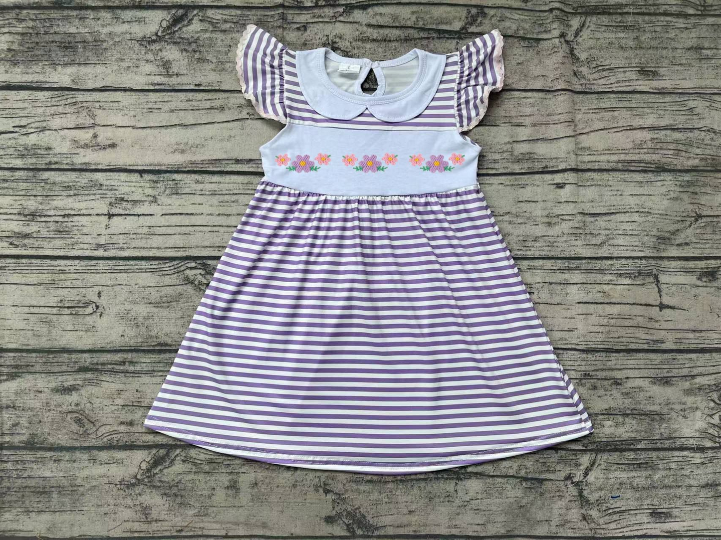 No moq Pre-order Baby Girl Embroidery Floral Stripes Dress