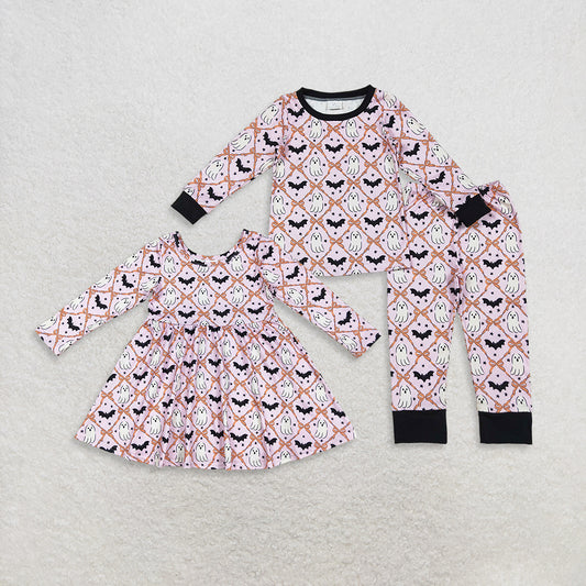Sibling Baby Girls Kids Long Sleeves Pumpkins Ghost Bats Halloween Dress Pajamas Set RTS