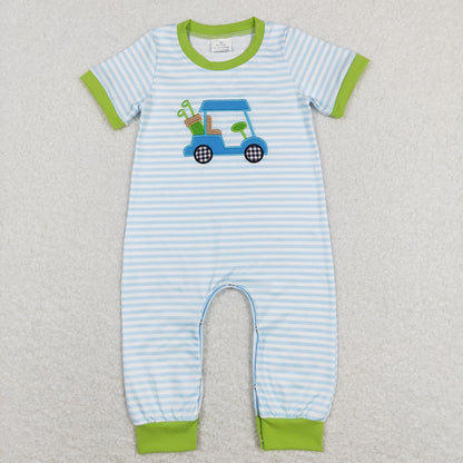 SR0700 Baby Boy Short Sleeves Embroidery Golf Stripes One Piece Romper