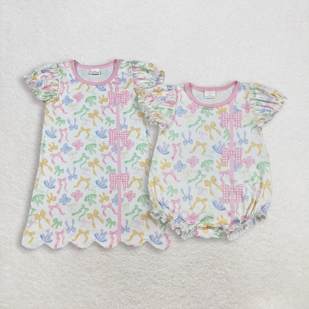 Sibling Baby Girls Kids Short Sleeves Colorful Bows Romper Dress Summer Clothes RTS