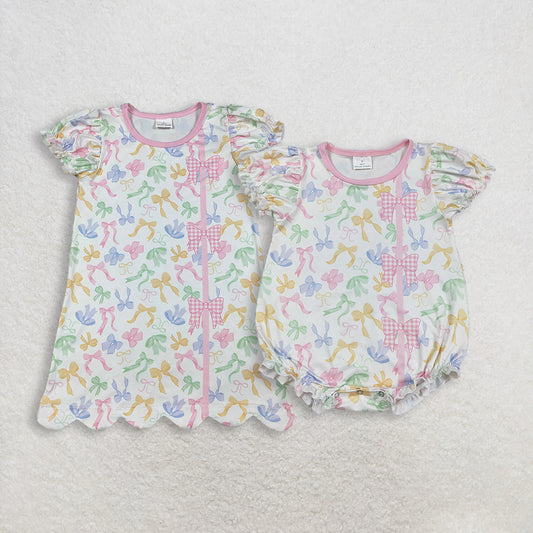 Sibling Baby Girls Kids Short Sleeves Colorful Bows Romper Dress Summer Clothes RTS