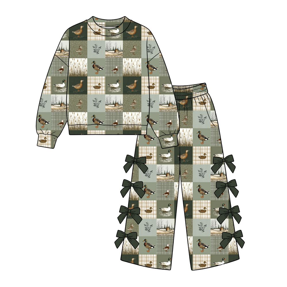 ( Moq 5 ) Preorder Baby Girls Kids Long Sleeves Ducks Plaid Pullover Bows Pants Set Clothes