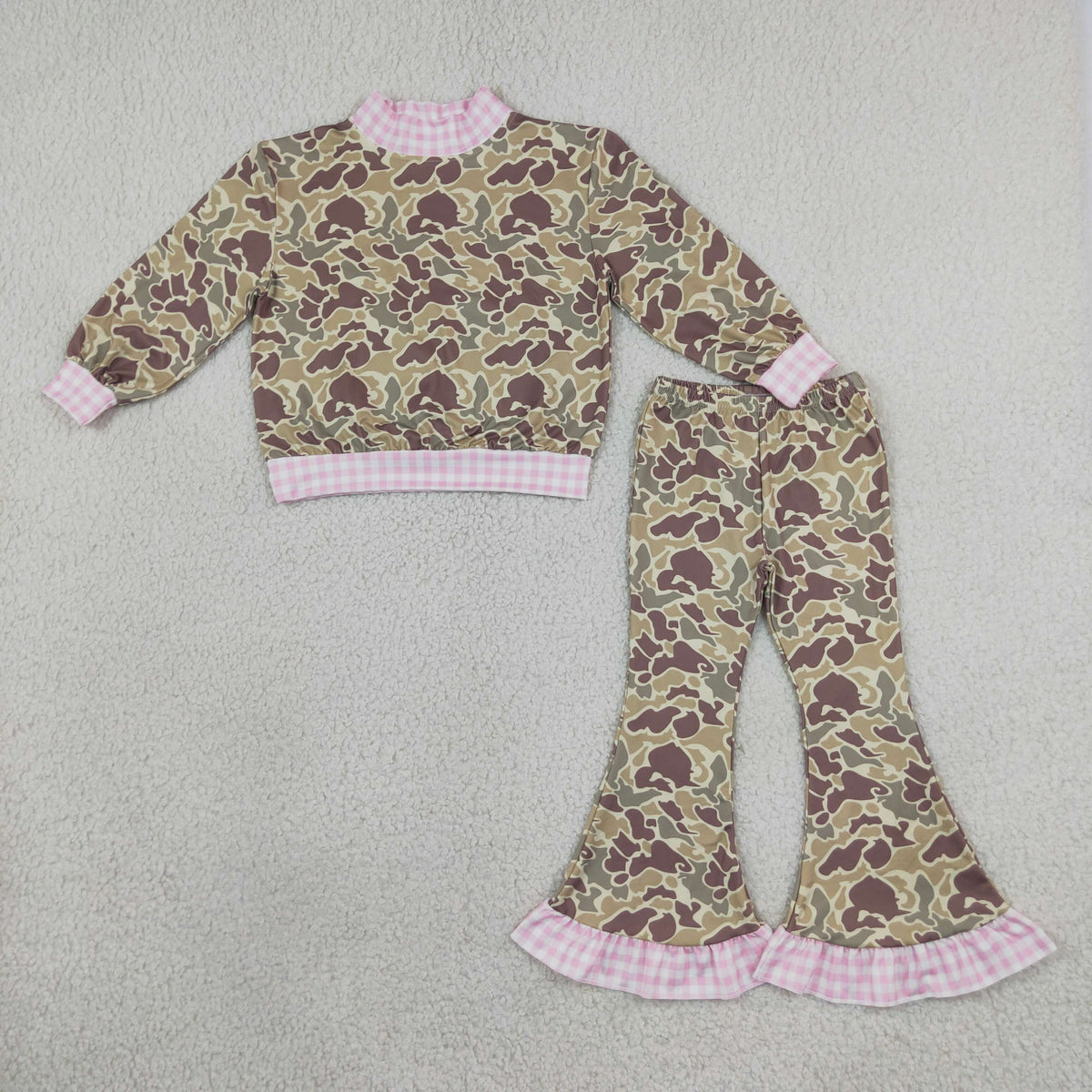 Baby Girls Kids Long Sleeves Plaid Pullover Camo Bell Pants Set Clothes RTS