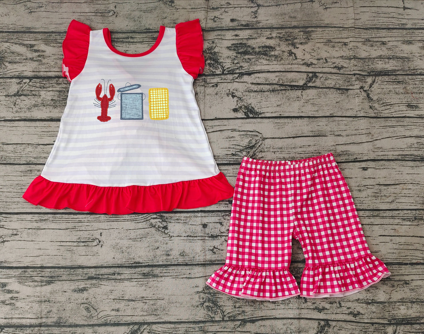 No Moq Pre-order GSSO0455 Baby Girl Short Sleeves Crawfish Bow Tops Shorts Set