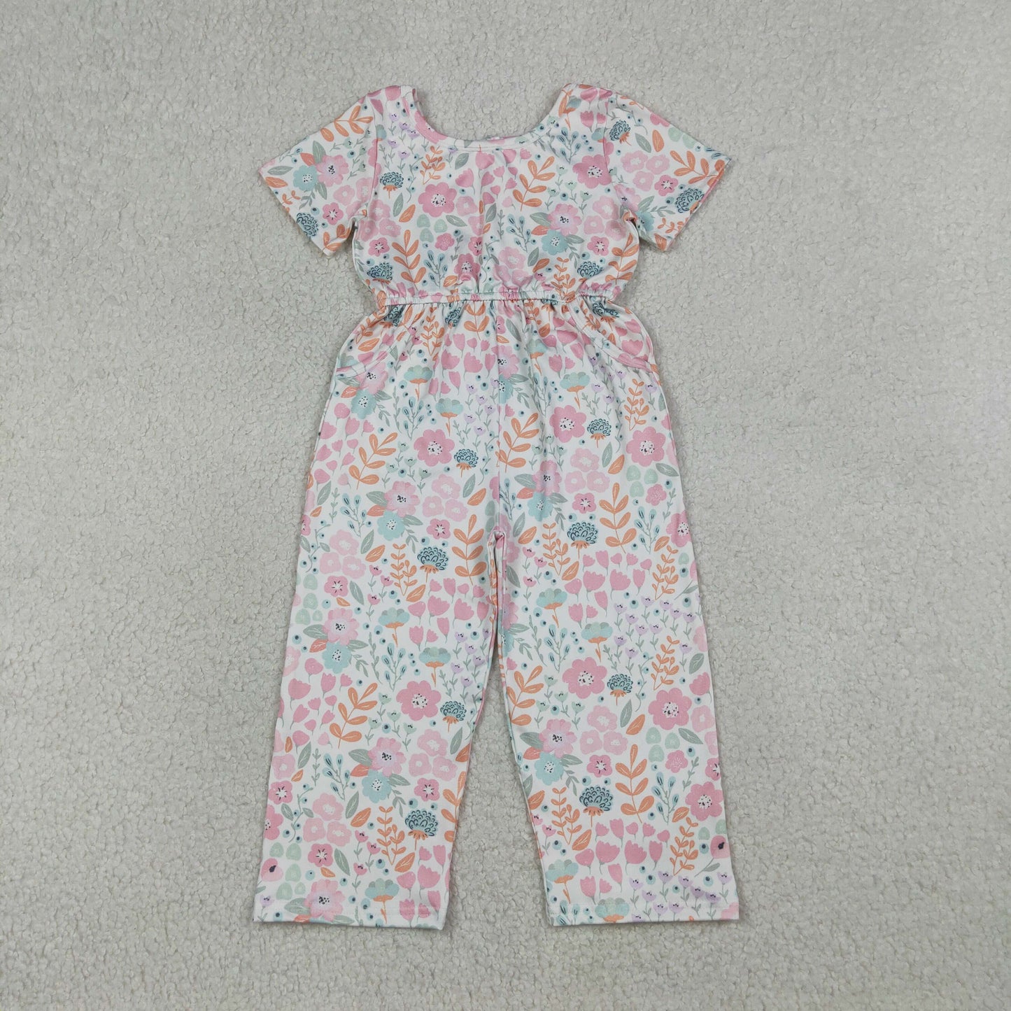 Baby Girls Toddler Short Sleeves Flower Pockets Pants Jumpsuit RTS